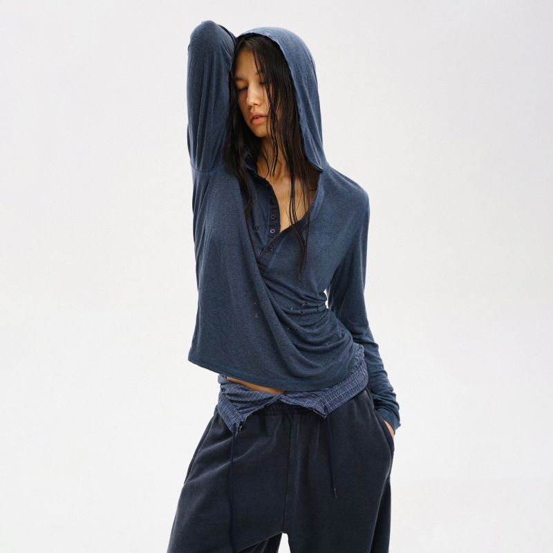 【Comfortable and Relaxed】Masonprince｜Tencel Linen Cotton Ripped Henry Hoodie