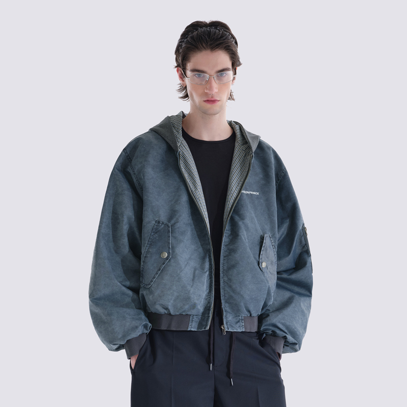 Masonprince｜Patchwork Plaid Hooded College Flight Jacket Pilot Jacket