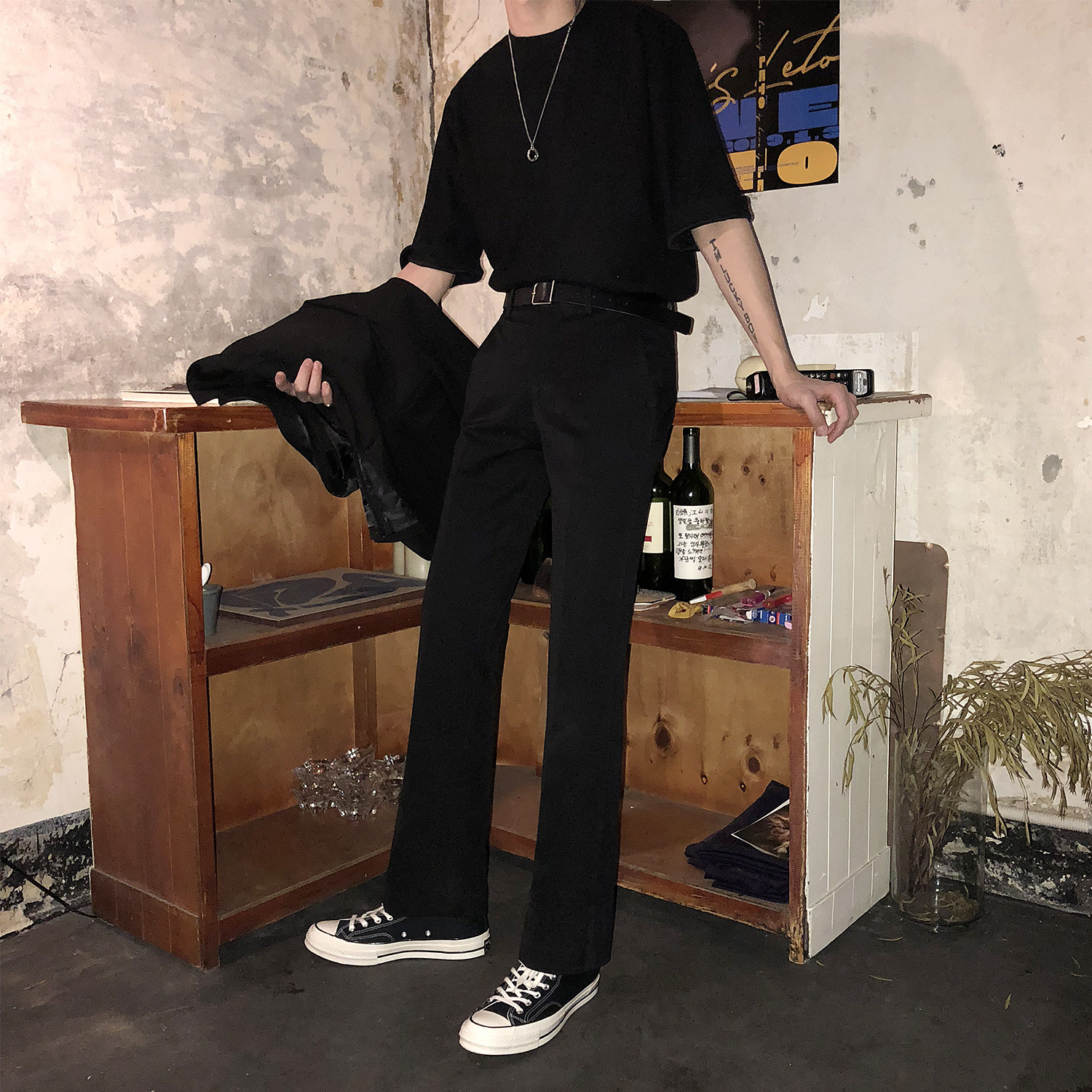 MASONPRINCE nine-point pants men's Korean version of the trend loose and versatile hanging trousers black straight casual pants