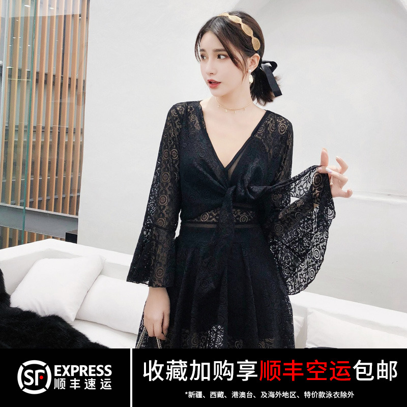 Black swimsuit woman big size weight mm200 catty dress style conservative display slim cover long sleeve hooded spa