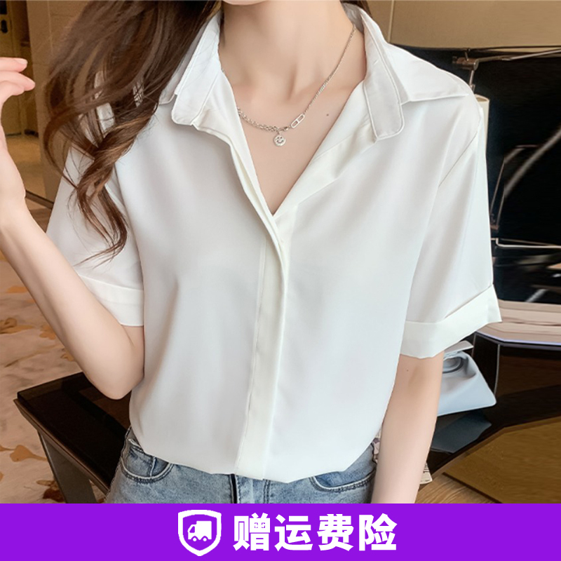 White Short-Sleeved Chiffon Shirt Top for Women, Summer Plus Size, Loose Design, Professional Interview Shirt