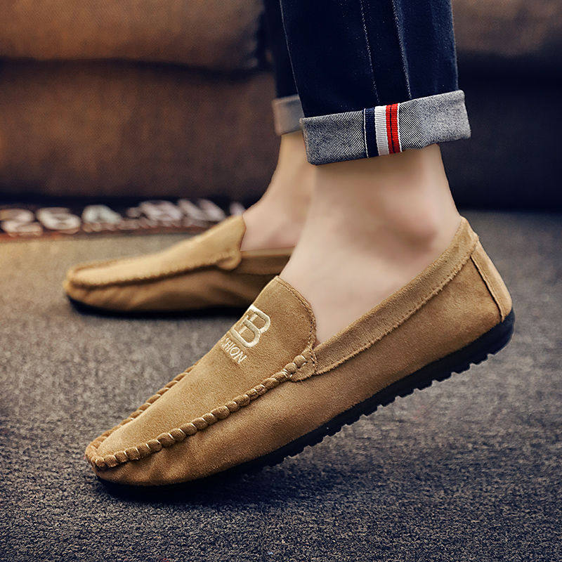 European Standing Bean shoes Men's Summer Korean version Softbottom Tide Cards Sloppy breathable Embroidered Suede Men Casual Leather Shoes