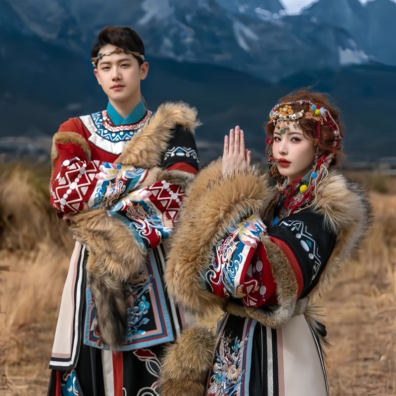New Men's Tibetan Robe, Women's Autumn and Winter Warm Tibetan Clothing, Ethnic Style Photo Shoot Outfit, Couple Travel Photography Set