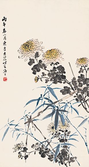 Famous painting art micro-spray decorative painting heart Deng Huainong Phoenix bamboo autumn chrysanthemum picture 44x81cm paper