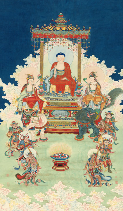 Copy printed Summer Jingshan Sakyamuni Buddha and Wenshu Pian Bodhisattva 108x184cm SILK