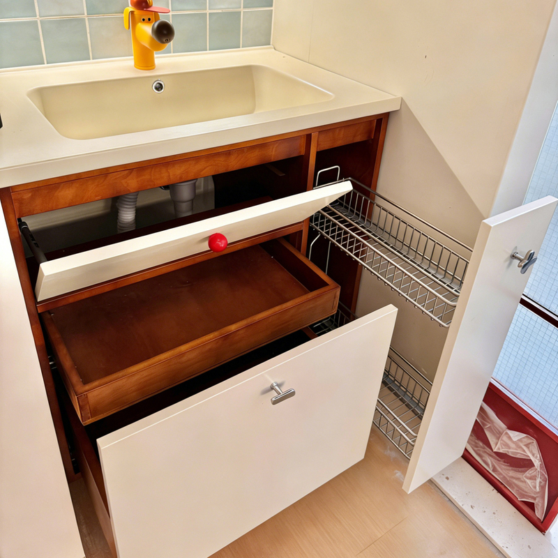 Oak Painted Bathroom Cabinet with Pull-Out Basket, Integrated Ceramic Basin, Vintage Bauhaus Washbasin and Sink Set