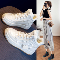 High-top shoes womens 2021 Winter new explosive leather thick-soled Joker sports students plus velvet warm cotton shoes women