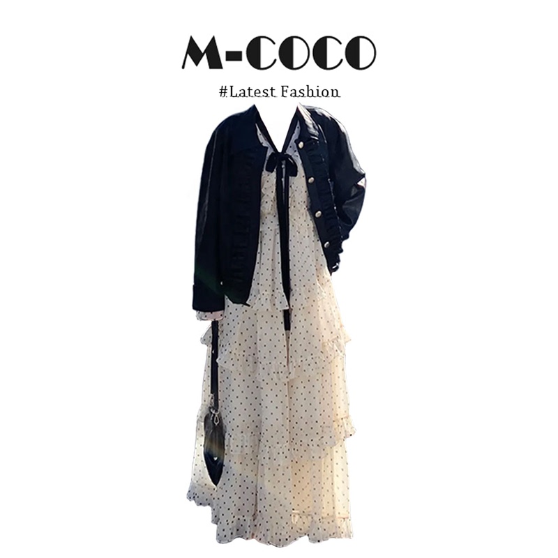 Mariecoco Autumn Design Jacket Leather Coat High-End Polka Dot Dress Slimming Two-Piece Suit