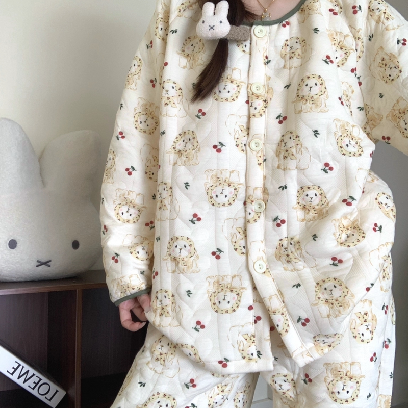 Plus Size Autumn and Winter Thickened Warm Air Cotton Pajamas for Women 2026 New Cute Cartoon Rabbit Home Wear Set