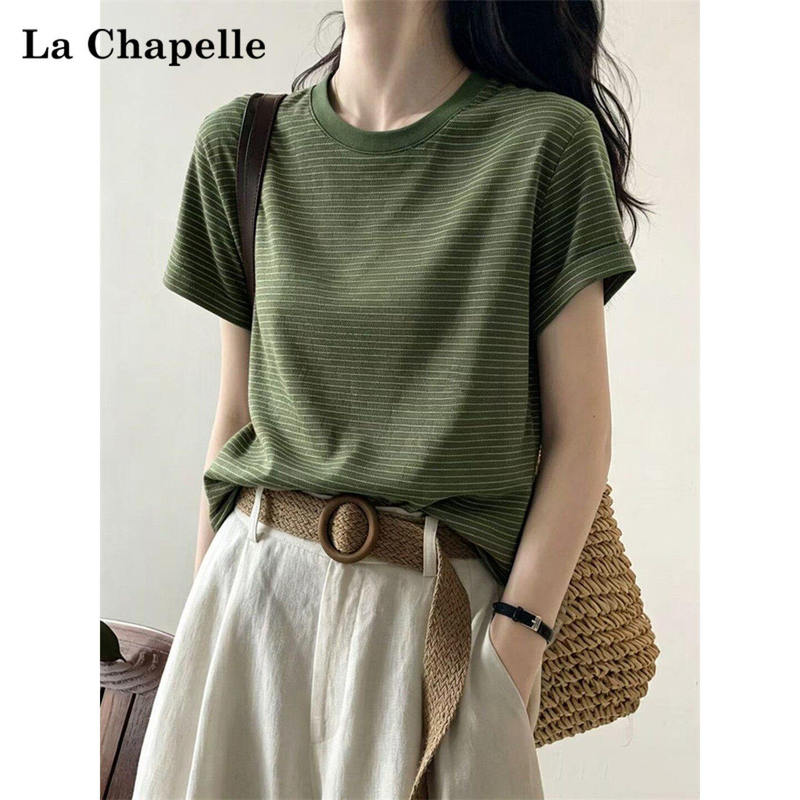La Chapelle Green Striped Regular Shoulder Short-Sleeve T-Shirt for Women, Summer Thin Loose Lazy Style Slimming Short Top La Chapelle Green Striped Regular Shoulder Short-Sleeve T-Shirt for Women, Summer Thin Loose Lazy Style Slimming Short Top