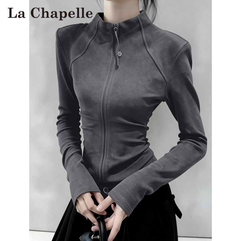 La Chapelle Dark Gray Stand-Collar Cardigan Base Shirt for Women 2026 New Autumn Style Waist-Cinching Slim-Fit Double Zipper Top La Chapelle Dark Gray Stand-Collar Cardigan Base Shirt for Women 2026 New Autumn Style Waist-Cinching Slim-Fit Double Zipper Top