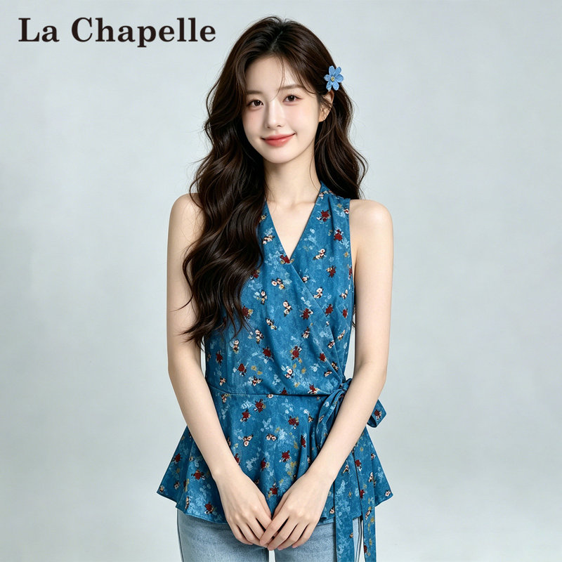 La Chapelle Blue Floral Halter Neck Camisole for Women, Summer Vacation Style, Irregular V-Neck Backless Top