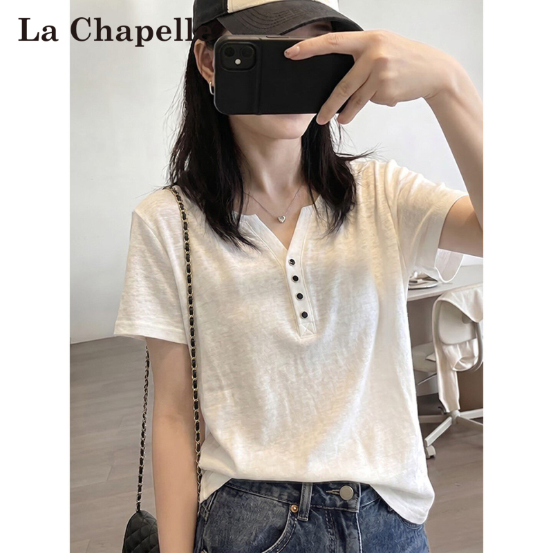La Chapelle White Bamboo Cotton V-Neck Short-Sleeve T-Shirt for Women, Summer Thin Minimalist Style, Age-Reducing, Versatile Sun-Protective Top La Chapelle White Bamboo Cotton V-Neck Short-Sleeve T-Shirt for Women, Summer Thin Minimalist Style, Age-Reducing, Versatile Sun-Protective Top