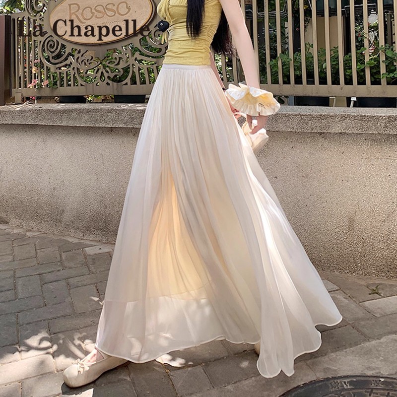 La Chapelle フローリングガーゼ アイスシルクスカート レディース 2025年夏新作 ハイウエスト ドレープ Aライン ラージスイング アンブレラスカート