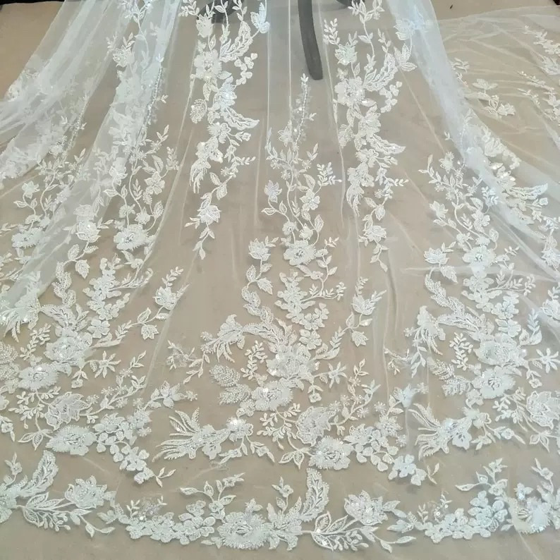 Ulike's Best-Selling Foreign Trade 3D Floral Lace Wedding Dress Fabric for Women's and Children's Clothing DIY Accessories, Width 130cm, Off-White