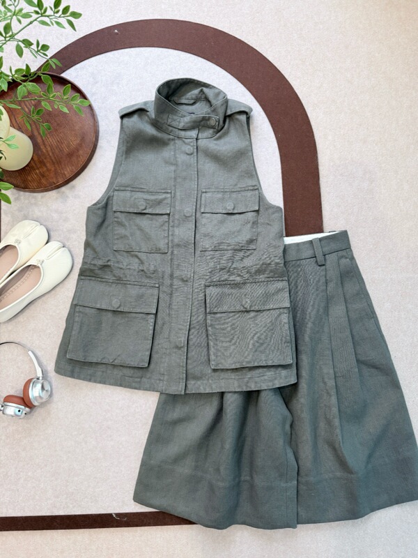 In Stock/Stay-At-Home Girl Fa*「Granular Texture」Tencel Linen Sleeveless Hunting Jacket/Relaxed Vacation-Style Hemp Jacket