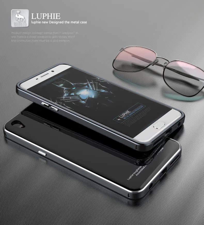 Luphie Aircraft Aluminum Metal Frame 9H Tempered Glass Back Cover Case for OPPO R9 Plus