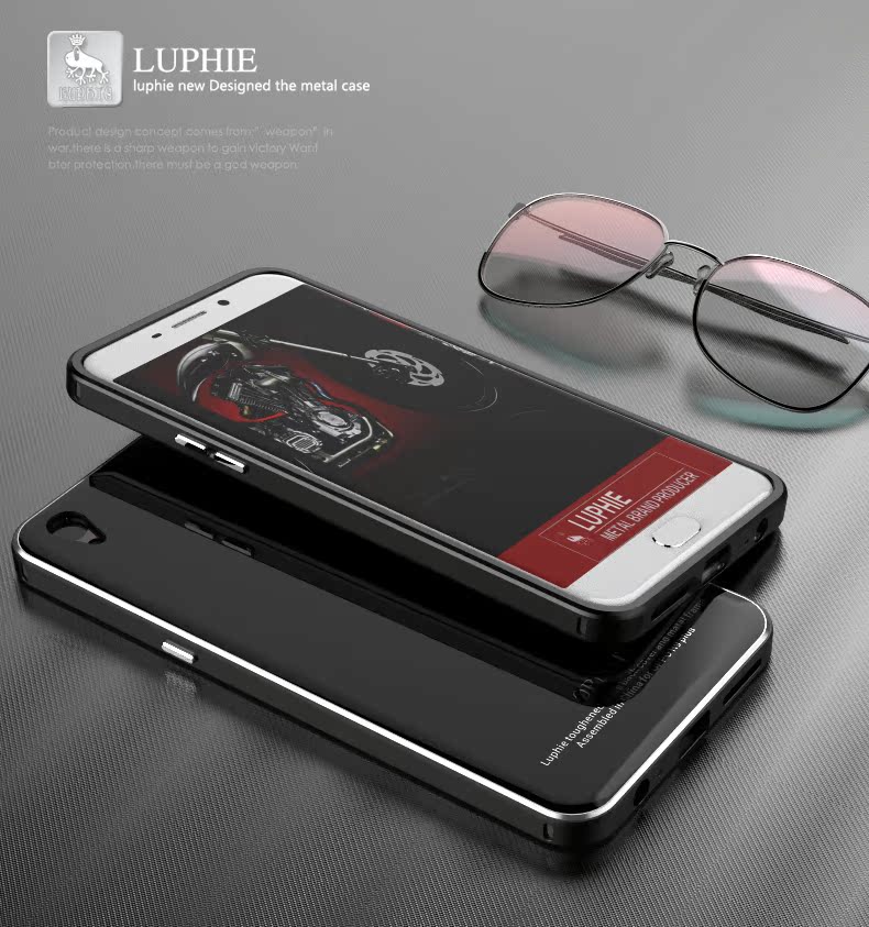 Luphie Aircraft Aluminum Metal Frame 9H Tempered Glass Back Cover Case for OPPO R9 Plus