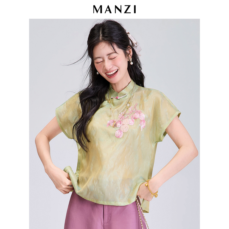 Stand Collar, Diagonal Placket, Contrasting Color, Button Closure, Heavy Embroidery, 100% Mulberry Silk, Shimmering Brocade Top, Women's Chinese Style, Youthful Shirt