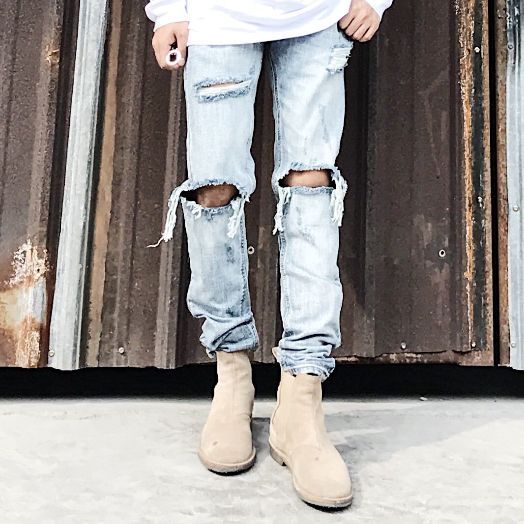 AKAMA高街FOG jeans修身小脚百搭浅色膝盖破洞牛仔裤潮乞丐裤男