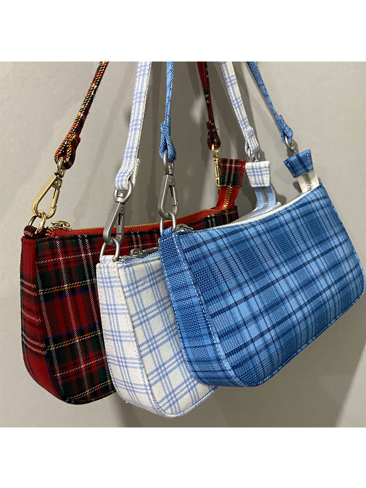brandy2020 spot woman bag new white sky blue plaid with purse strings black Jedi underarms bag