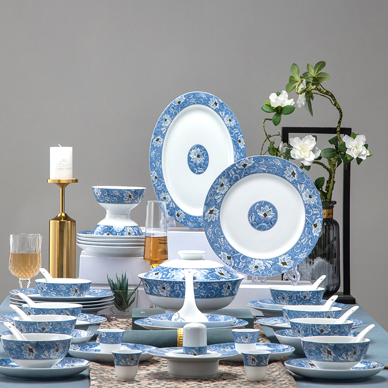 Hongye Ceramics Official Flagship Store 58 Blue Brocade Lily Chinese Porcelain Tableware Jingdezhen Dishes Set Home
