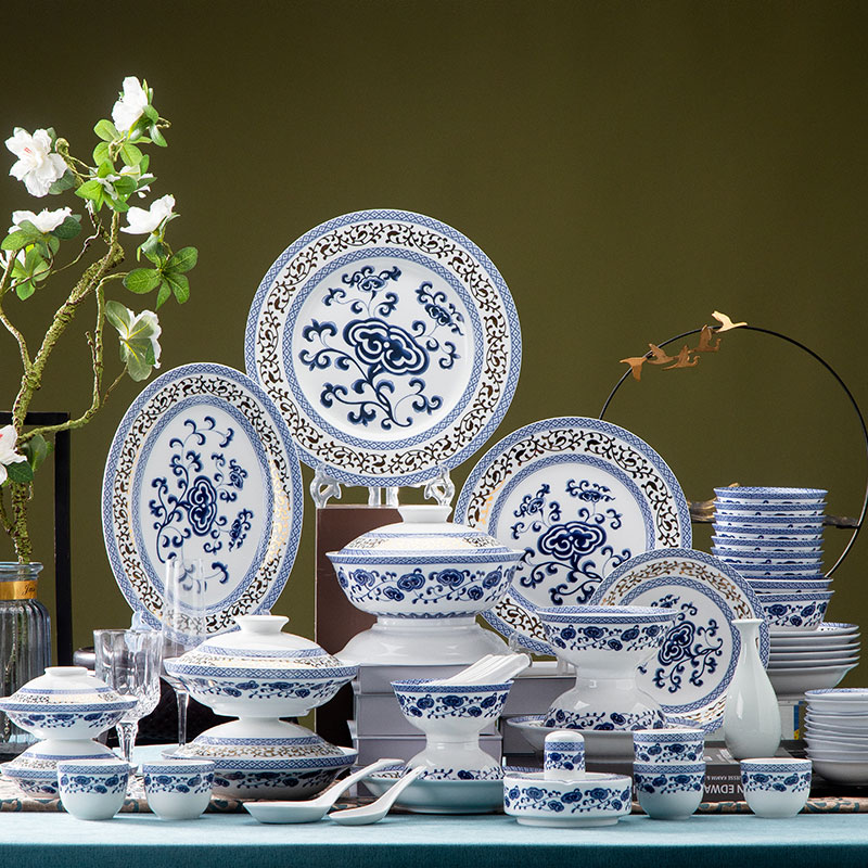 Hongye Porcelain Official Flagship Store 66 Gold Ruyi Dishes Set Home Chinese White Porcelain Tableware Jingdezhen