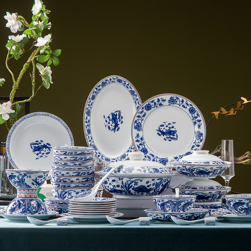Red Leaf Porcelain Official Flagship Store 60 Head Fugui With Fish Chinese Dish Suit Home Jingdezhen White Porcelain Tableware