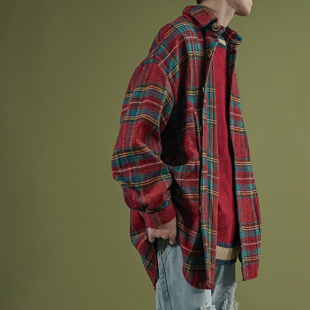 Brushed flannel plaid shirt daddy retro literary Hong Kong style shirt men and women thickened autumn and winter oversize