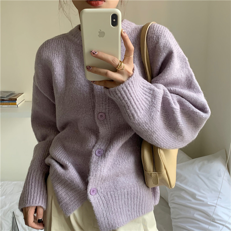 Shooting time autumn and winter retro round neck loose lazy thick thread knitted cardigan sweater