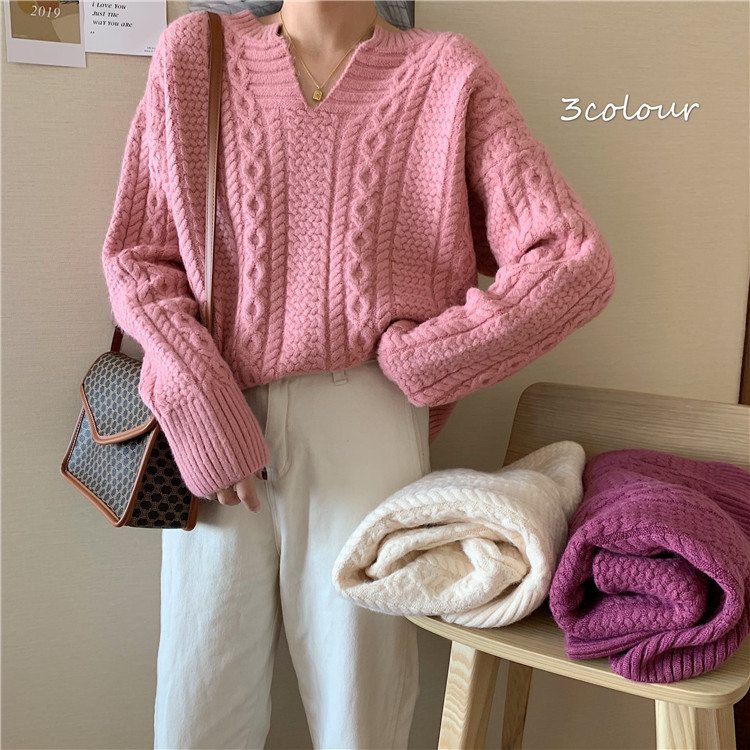 Real price soft waxy comfortable slit neckline sweater