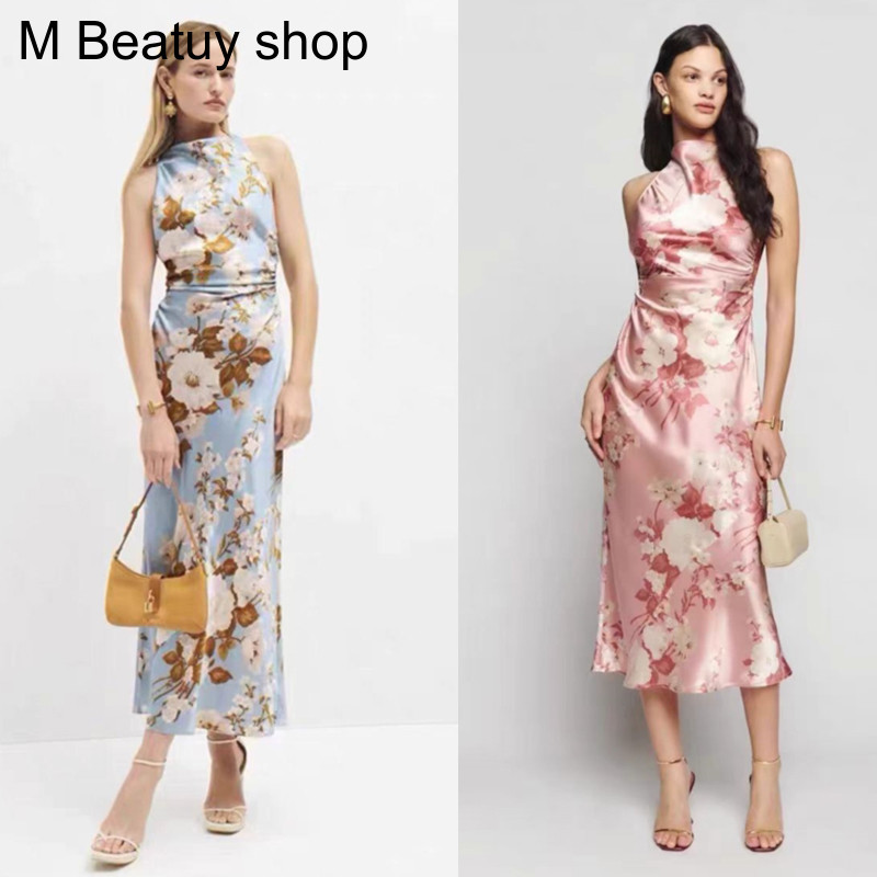 Buyer's Store Genuine American Reformation Dress French Retro Print Silk Backless Slim Long Dress