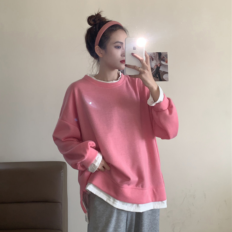 Xiaofa's candy house cute fake two pieces candy-colored loose capless student long-sleeved sweater girl meets Mr. Donkey