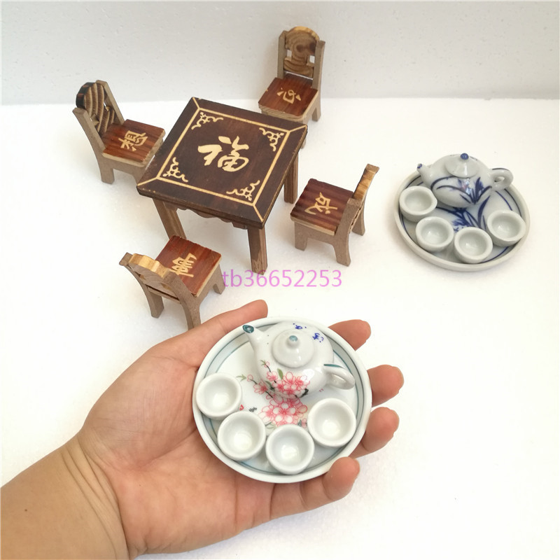 Mini Ceramic Tea Set Wooden Table and Chair Decorations Children's Play House Wine Birthday Toys Gifts Factory Outlet