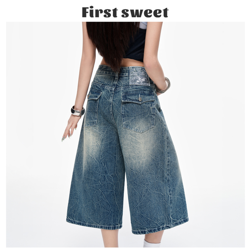Embroidered Vintage Blue Low-Waist Wide-Leg Cropped Jeans for Women, 2026 Summer New Style, Loose Fit, Slimming Straight Mid-Length Pants