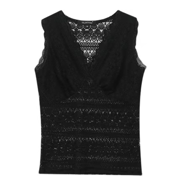 2024 Spring and Autumn New Slim Fit Sleeveless Lace Bottoming Shirt Feminine Sexy V-neck Camisole Top Hollow Vest