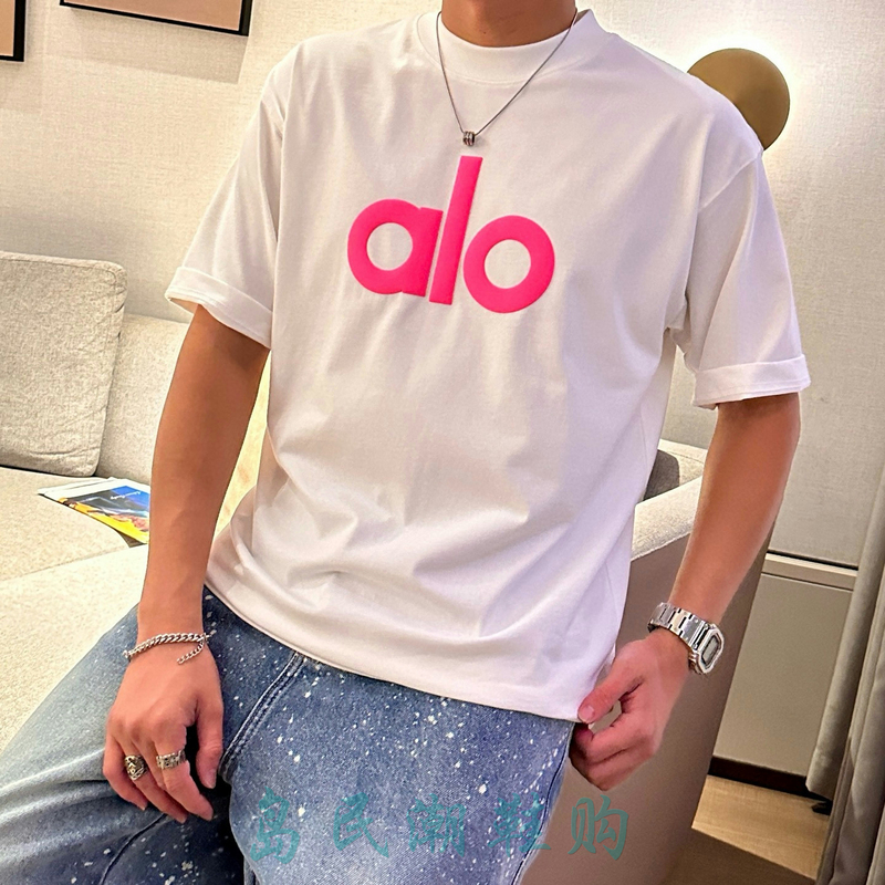Trendy Brand Alo New Letter Print Round Neck Short-Sleeved T-Shirt for Men and Women, Summer Thin Style, American Loose Fit, Versatile Couple Wear