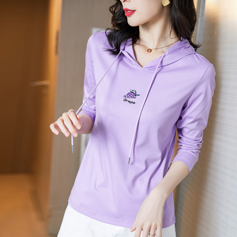 Yingmanfei Embroidered Thin Pure Cotton Hooded Purple Sweatshirt for Women, New Spring and Autumn Long-Sleeved Mercerized Cotton Base Shirt Top