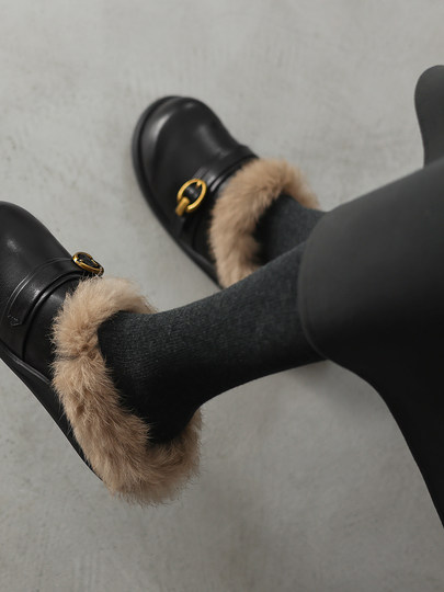 3cm~时光荏苒冬季新款包头拖鞋女外穿时尚加绒勃肯鞋真皮毛毛鞋子