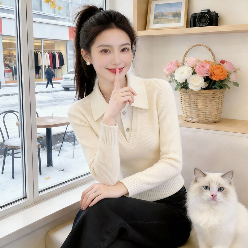 Stunning Casual Versatile Faux Two-Piece Knit Sweater 2026 Spring and Autumn New Style High-End Buttoned Lapel Sweater for Women