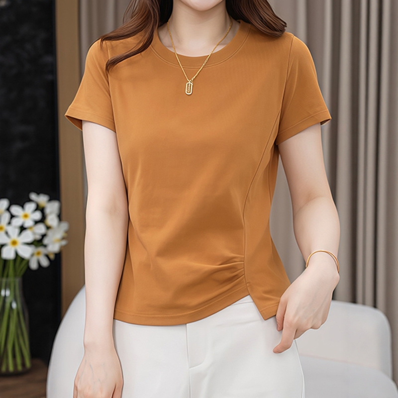 Pure Cotton Waist-Cinching Irregular Solid Color Short-Sleeve T-Shirt for Women, 2026 Summer New Style, Elegant and Age-Reducing Short Top