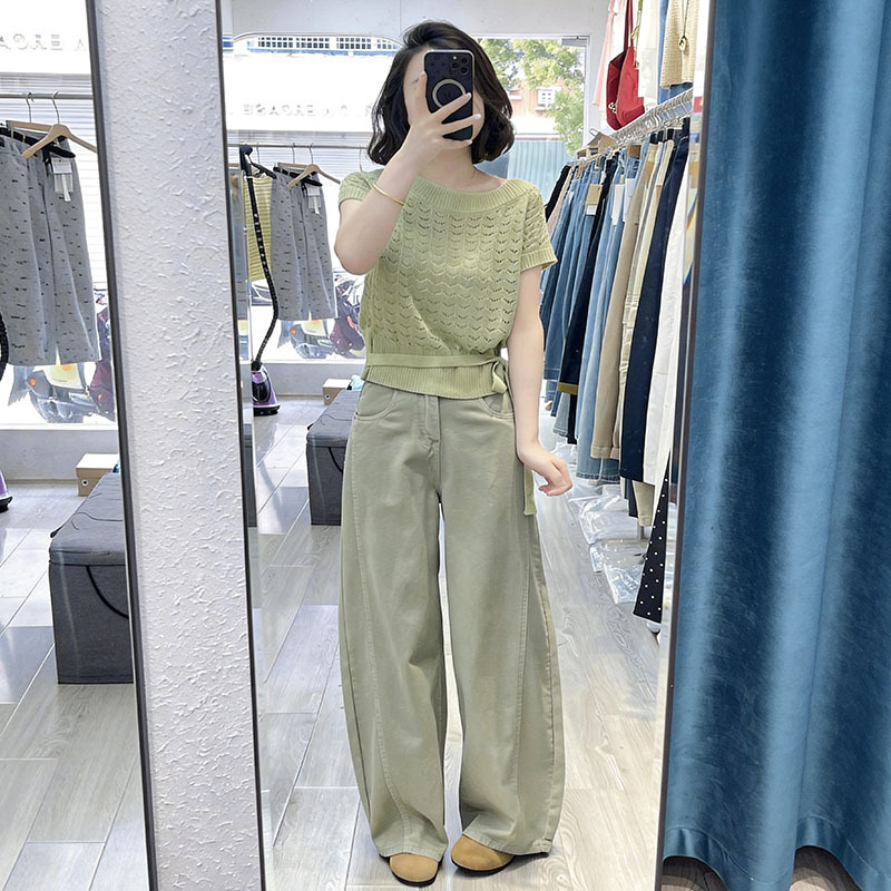 Fashionable Casual Suit for Women 2026 Summer New Style Olive Green Knitted Top Loose Slimming Wide-Leg Pants Two-Piece Set