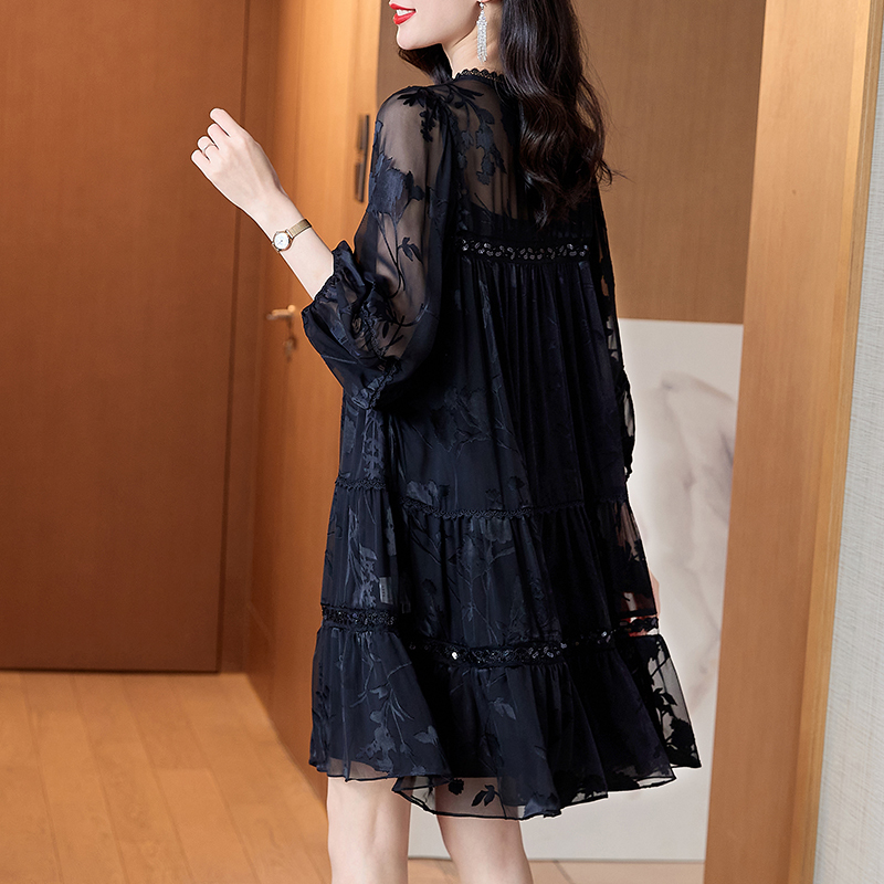 Silk Smooth Yarn~100% Mulberry Silk Burnt Flower Pullover A-Line Dress Summer Women's Stylish New Loose Skirt