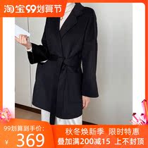 2020 Spring and Autumn new female European and American high-end water corrugated double-sided cashmere coat female wool lace-up slim coat