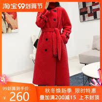 2020 winter European and American new female Haining sheep-cut fur double-breasted lace coat granular wool medium-length coat
