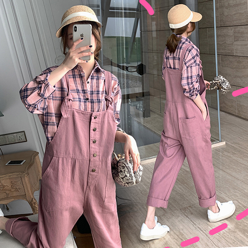 Pregnant women's autumn clothes suit stylish style plaid shirt denim cuddling bag pants two sets nets red gestation women dress foreign suit