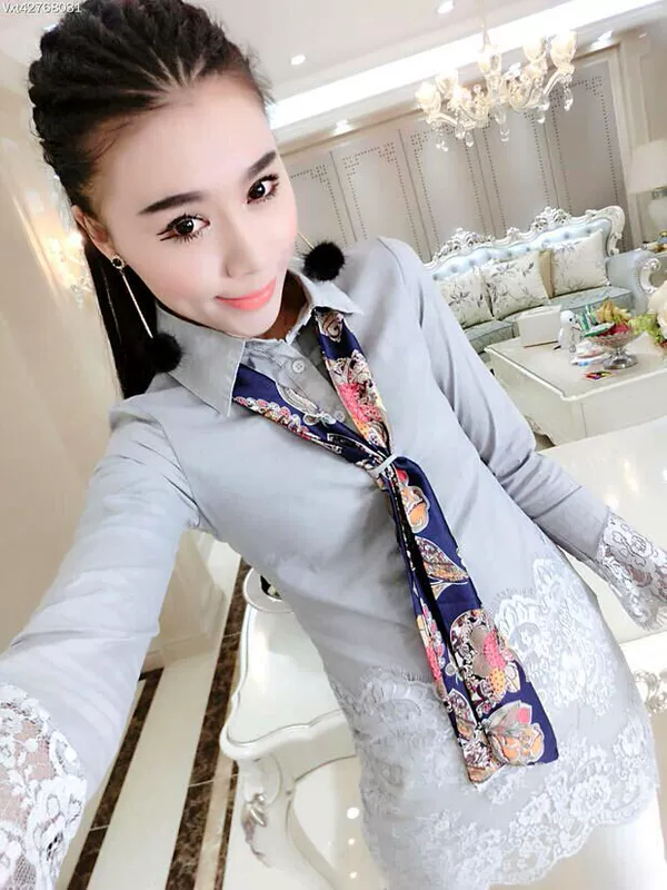 Áo sơ mi nữ mùa xuân 2018 Áo sơ mi nữ Hàn Quốc phần dài khâu ren Slim đáy áo sơ mi thủy triều các mẫu áo sơ mi