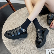 Thick bottom heightening sandals 2022 Womens new medium heel 100 hitchhiking slopes with Roman Baotou shoes thin summer