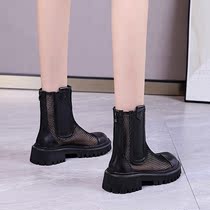 Genuine leather mesh yarn Martin boots Summer thin woman heightening smoke pipe boot zipper hollowed-out summer net coarse heel thick bottom boot thinner