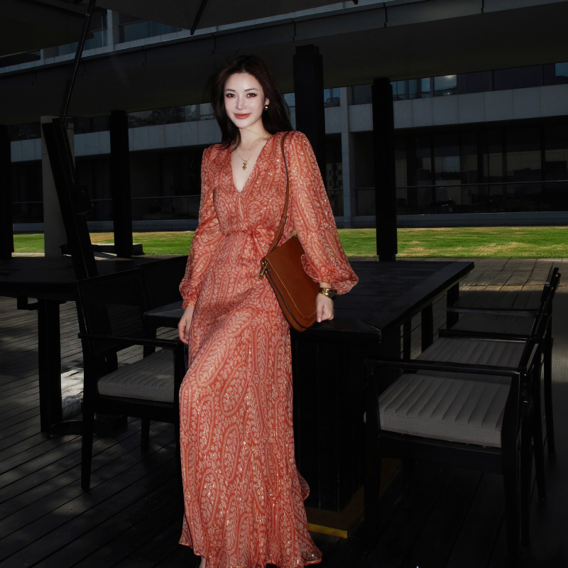 Dismanling Pearlescent Shimmering Chiffon Floral Long Dress with Lantern Sleeves, Tie Waist, and a Dreamy Vacation Vibe